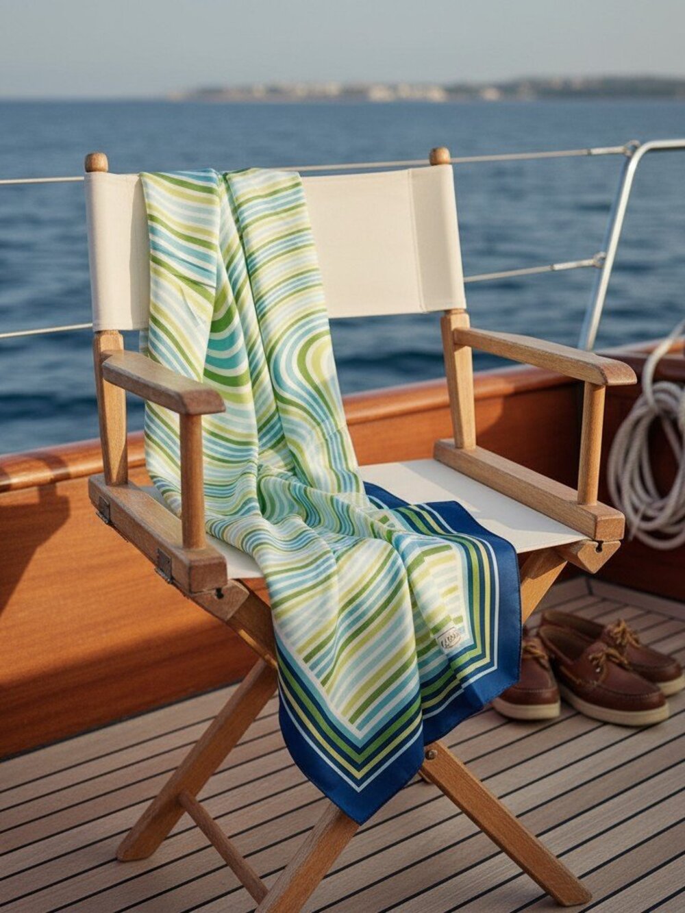 Talbots Silk Scarf 28” Blue Green Nautical Stripes Waves Square Womens Accessory - Picture 8 of 8